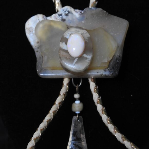 Handmade Artisan Moss Agate & Mexican Opal Bone Silver Bolo Tie - Picture 4 of 7